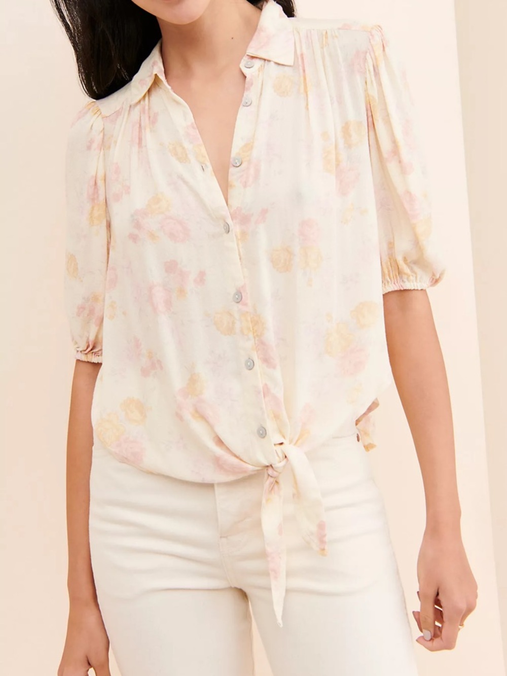 Free People Cream Floral Tie-Hem Button-Down Blouse